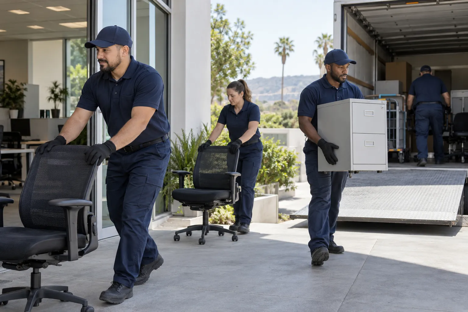 Workers removing office furniture at a Paso Robles business