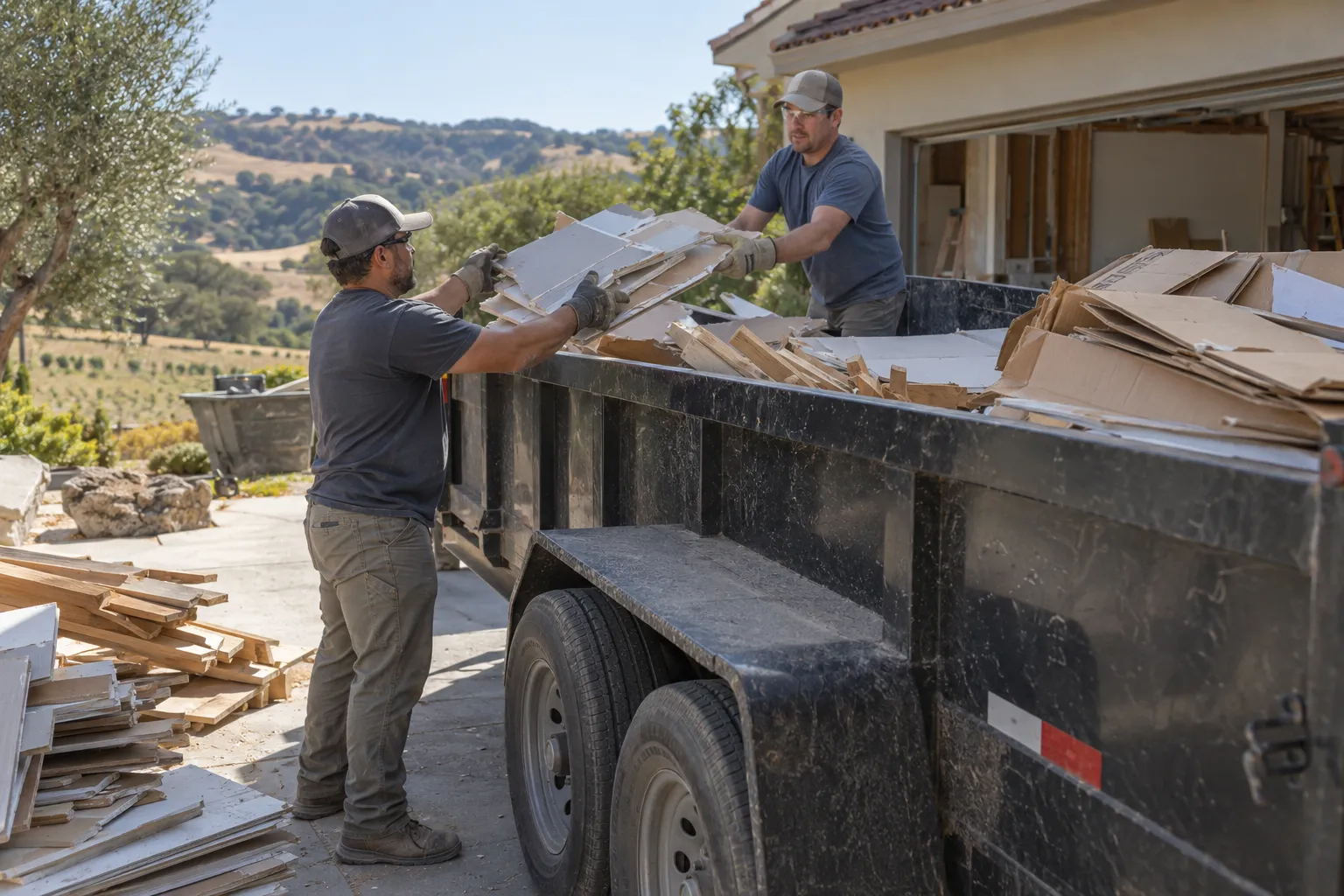 Workers loading sorted renovation debris into a trailer