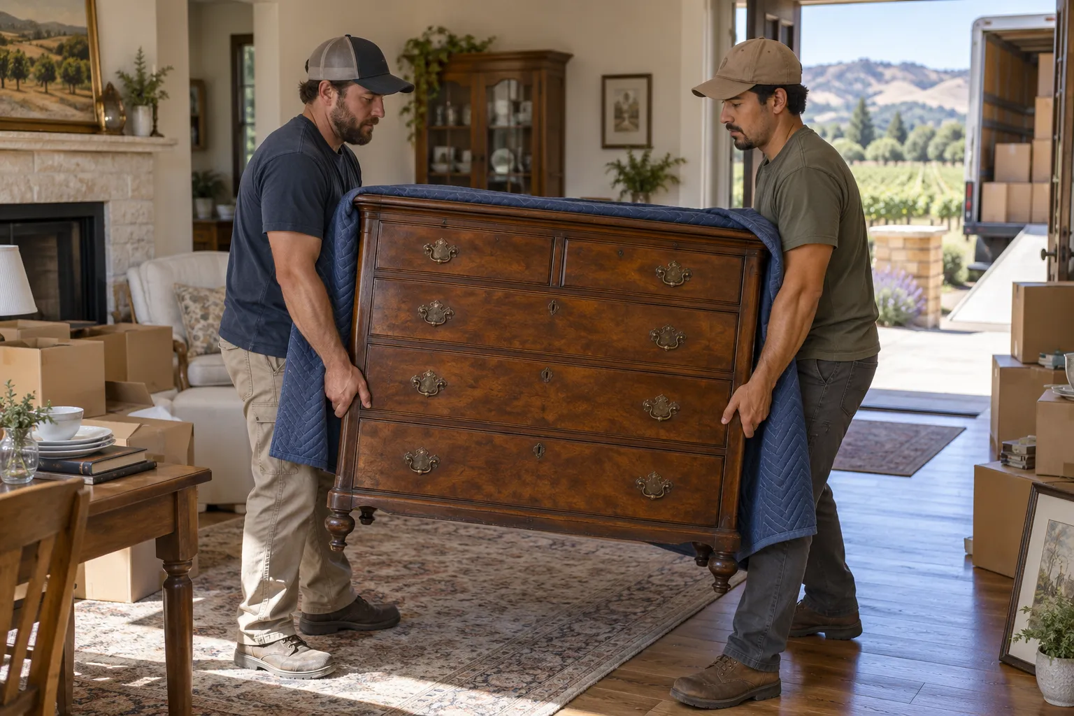 Workers carefully carrying a dresser during an estate cleanout