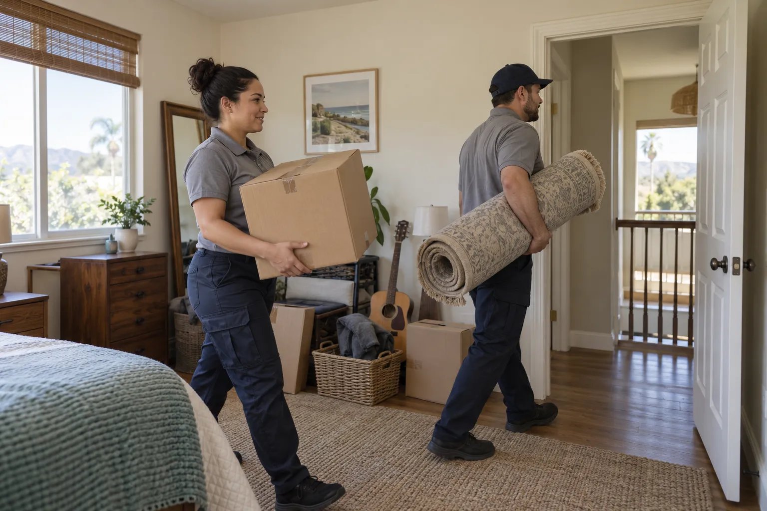Workers carrying boxes and a rolled rug out of a spare room