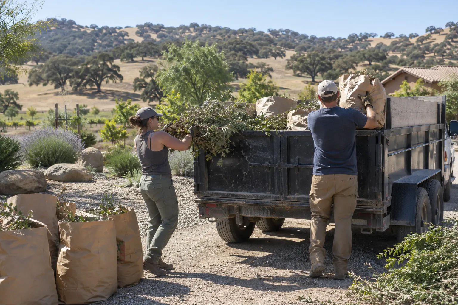 Workers loading bundled branches and yard waste bags